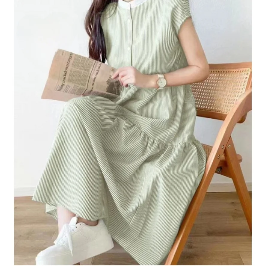 Sweet Korean Style Summer 2026 Sleeveless round Neck Striped Dress Miniature Button New Color Street Style Loose Waist A-Line...