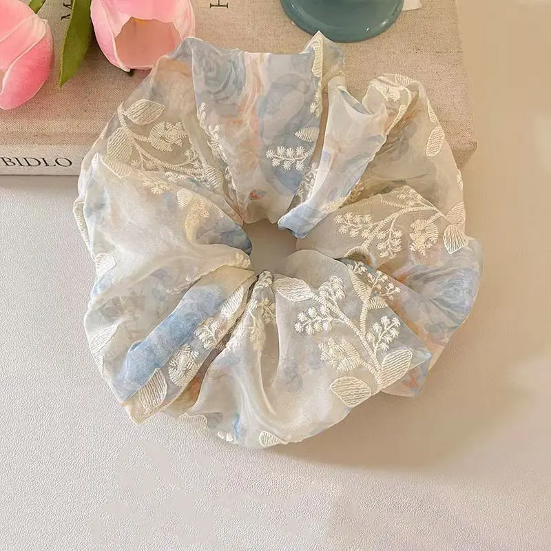 

Gentle Embroidered Scrunchies Spring Summer Large Hair Ties for Women Low Ponytail Bun Holder Elegant Hair Accessory