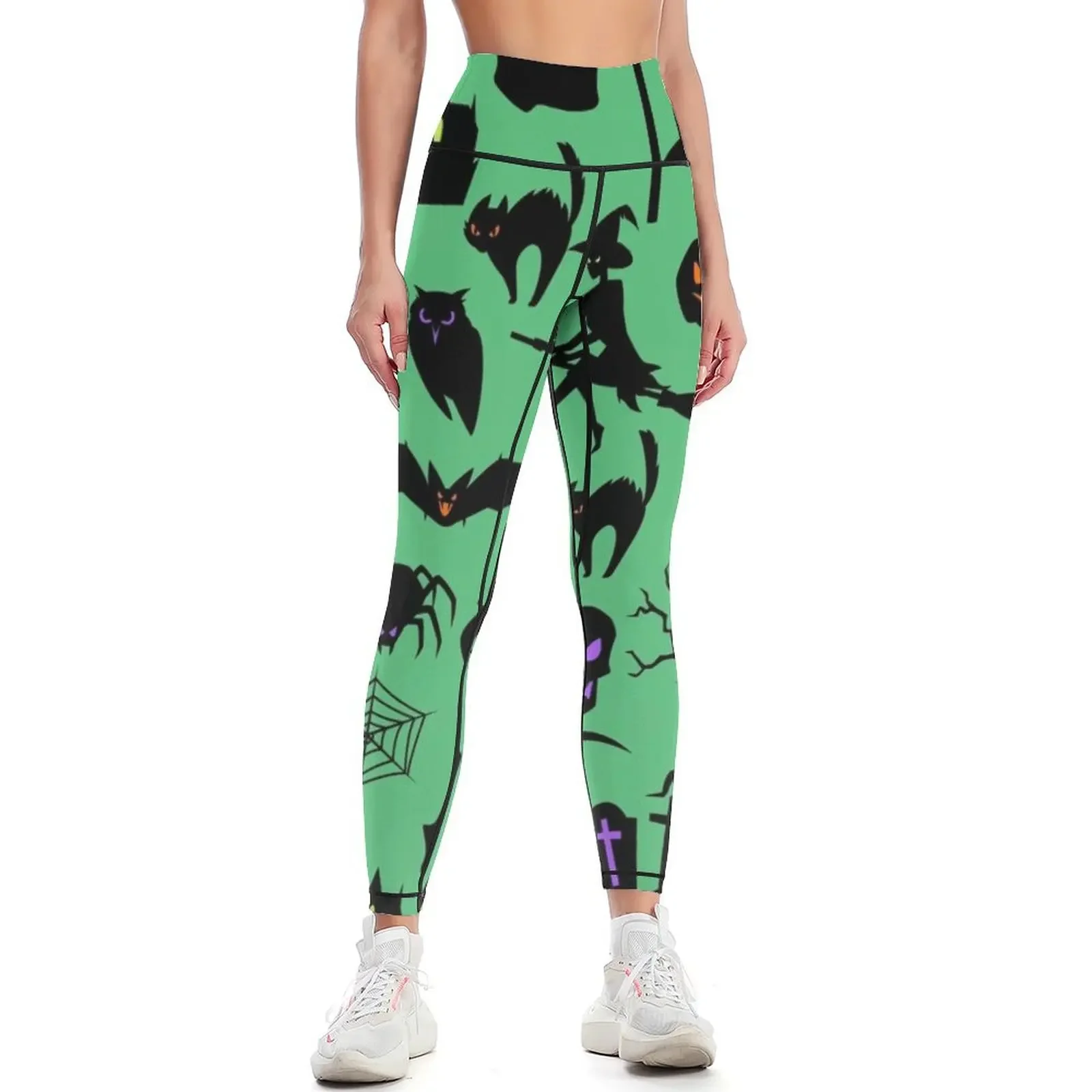 

Black scary ghost cat bat and witch pattern Leggings legging gym high waist Women's sportswear Womens Leggings