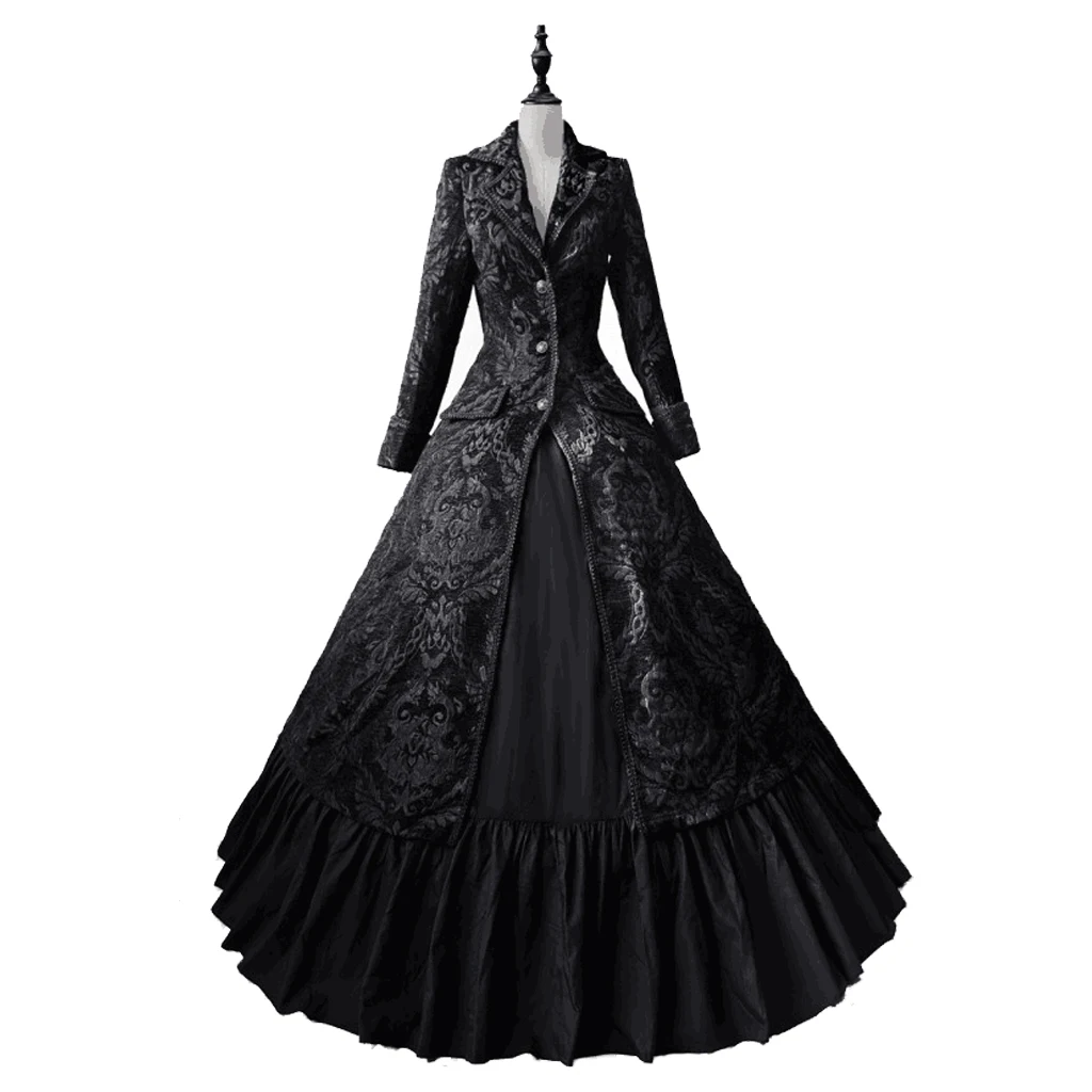 Women Gothic Black Vampire Dress Black Vintage Two-Pieces Gothic Victorian Coat Ball Gown Dress Luxury Embroidered Queen Dress