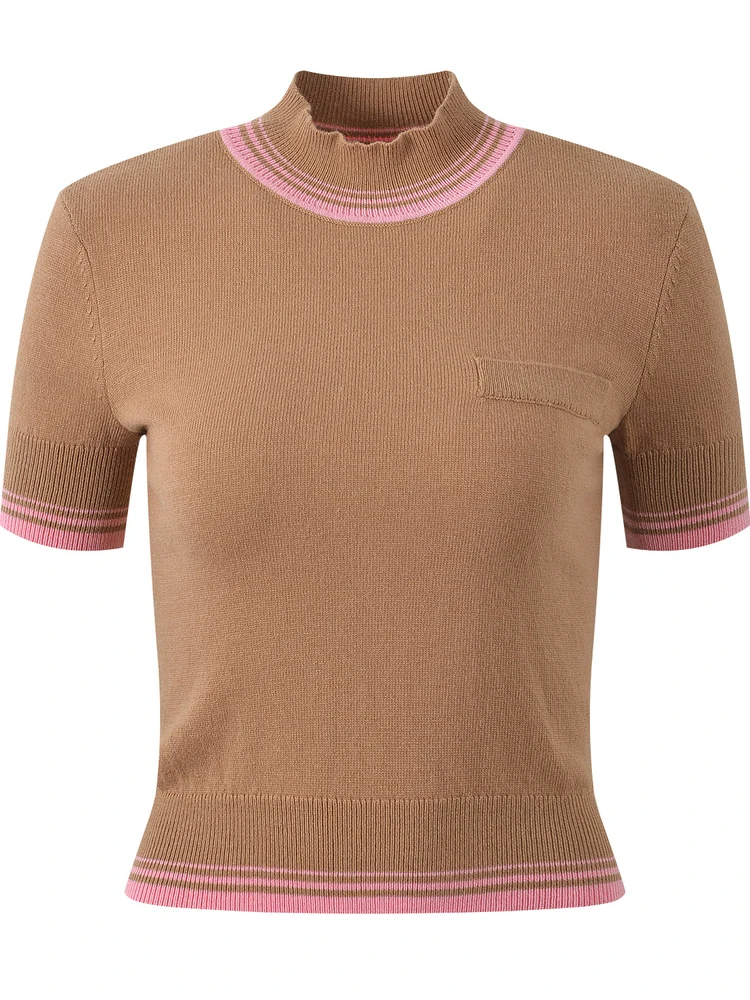 

Premium Edition Sweet Sle Pink High Collar ort Sve Knitted Top Color Blo round Ne Fem Faion Winter Wear