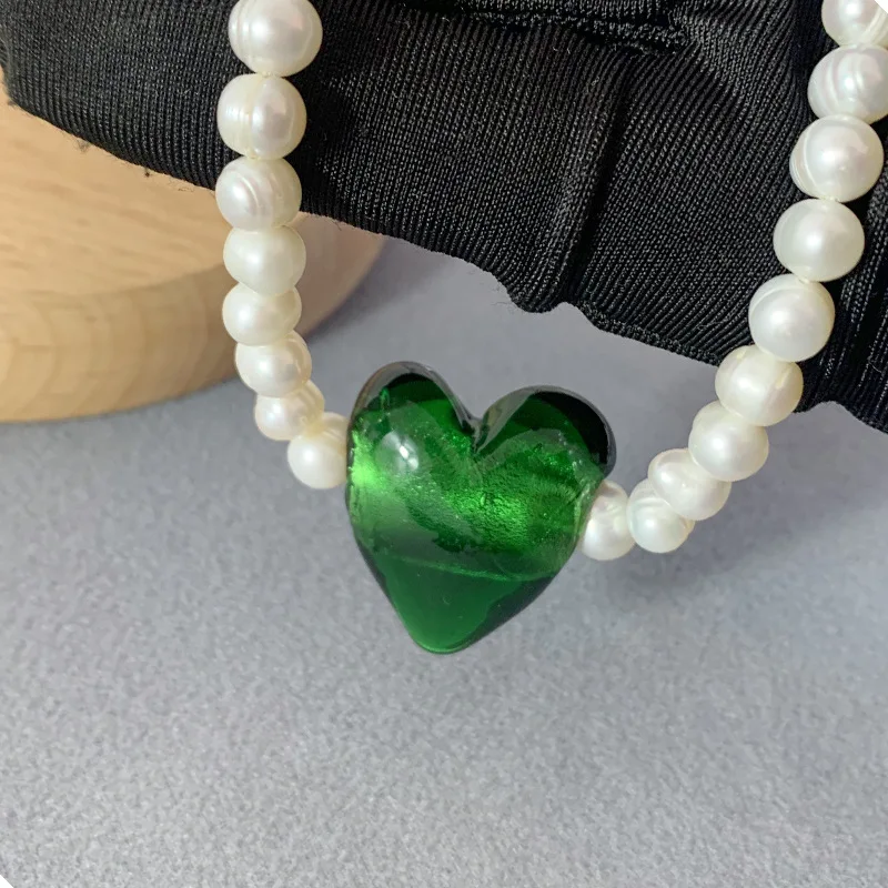 

Real pearl beaded crystal heart pendant necklaces for women colored love stone strand necklaces summer holiday jewelry