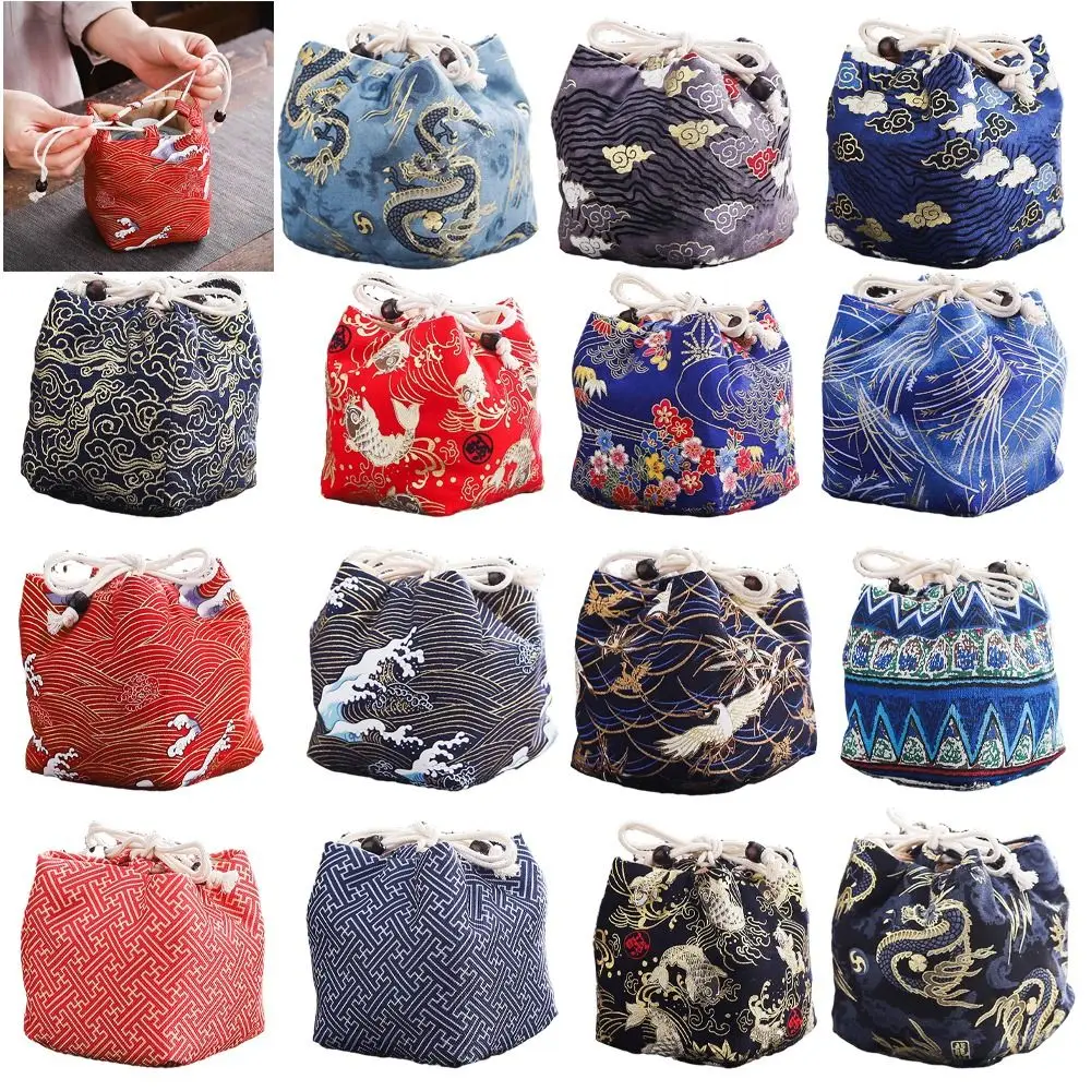 

Canvas Flower Drawstring Bag Cloud Stripe Print Tea Set Storage Bag Makeup Lipstick Bag Gold Fish Chinese Style Handbag