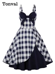 Tonval V-Neck Bow Front Gingham and Navy 50s Rockabilly Dresses 95% Cotton for Women Spaghetti Strap Summer Cocktail Party Dress