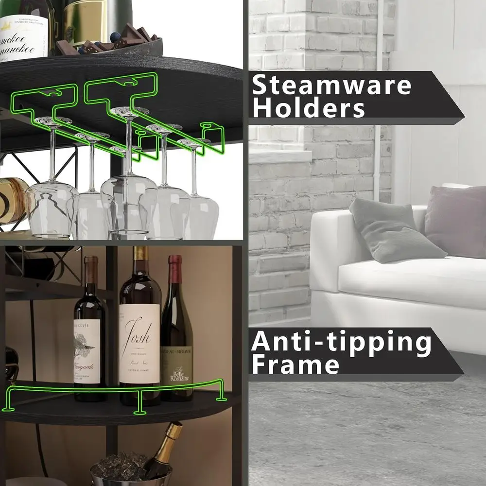 Black 3-Tier Coffee Table with Wine Rack, Power Socket, and LED Light for Home Bar and Kitchen Storage view 5