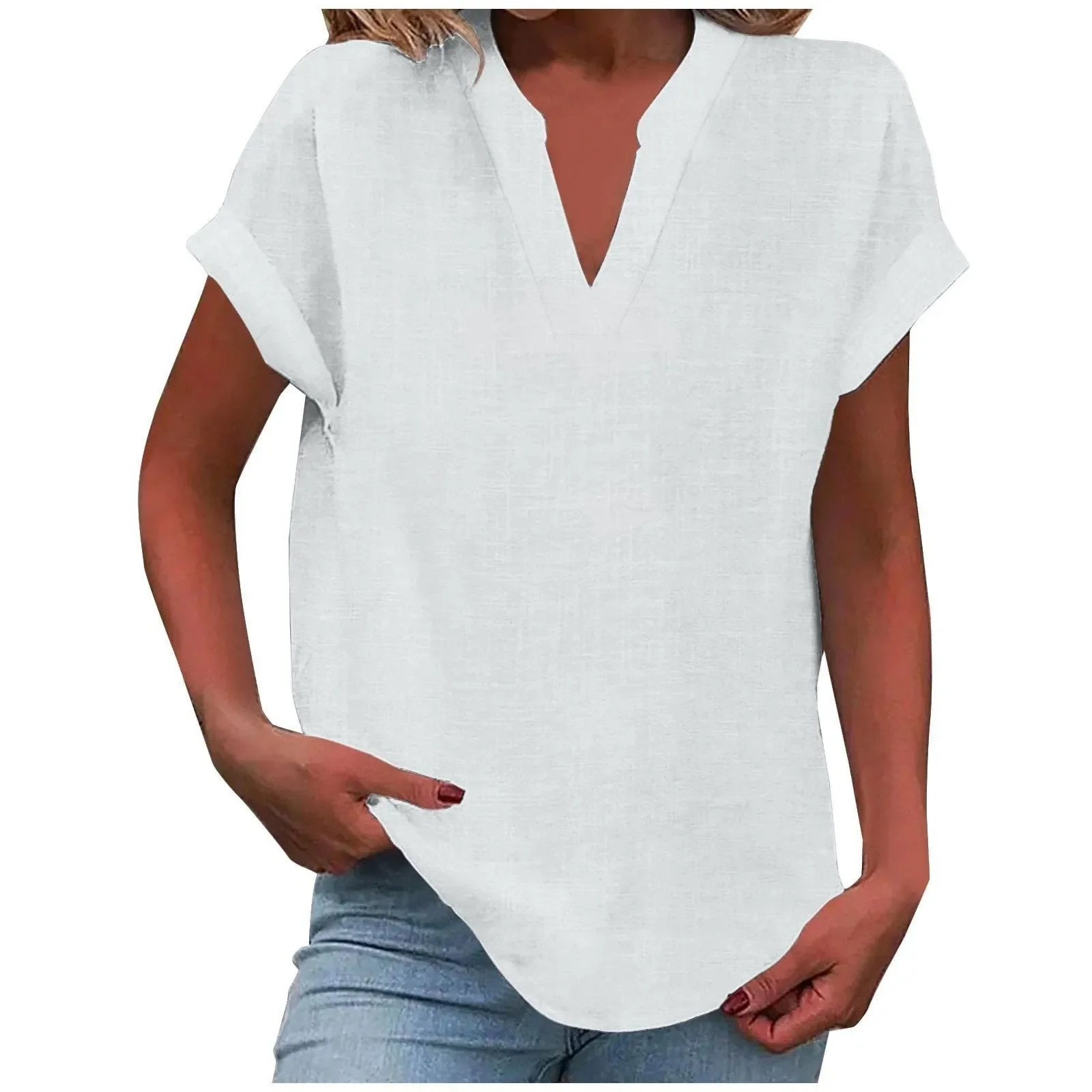 Summer Cotton Linen Breathable Solid Color Button Down V-neck Shirt Basic And Versatile Casual Comfortable Lady Office Tops 2025