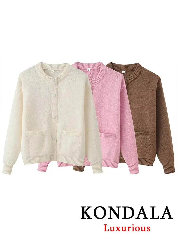 

KONDALA винтажный повседневный шикарный однотонный женский свитер с круглым вырезом, однобортный, с длинными рукавами и карманами, вязаные модные осенние свитера 2023 г.