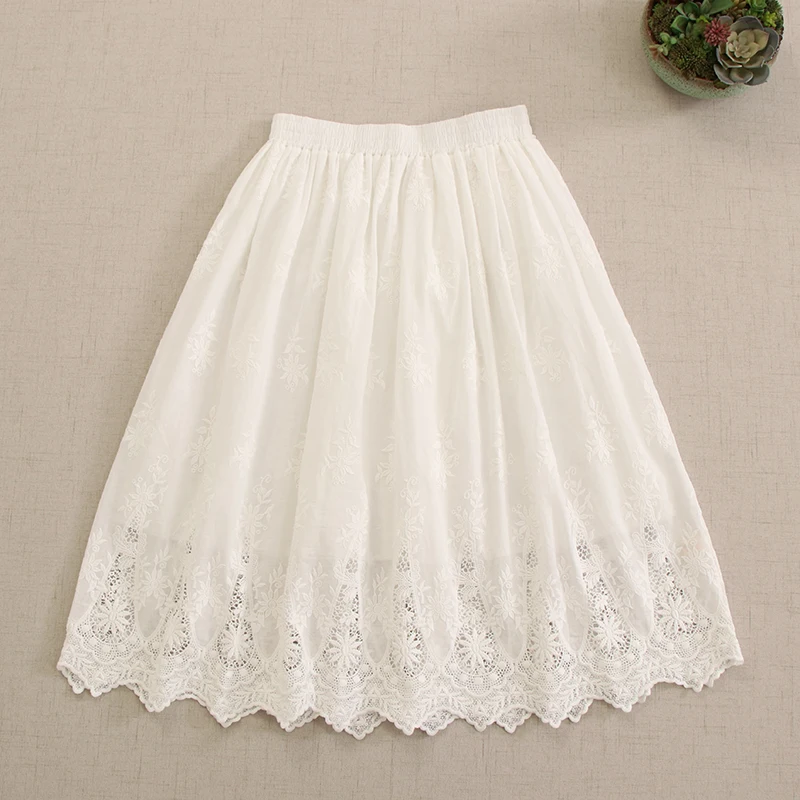 

Autumn New Sweet Mori Girl Embroidery Hollow Out White Skirt Women French Style Elegant Elastic Waist Casual Loose A-Line Skirts