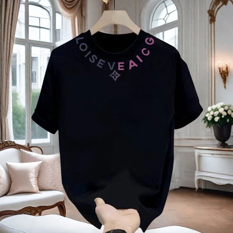 

Весенние и осенние хлопковые мужские и женские базовые рубашки, футболка с круглым воротником и короткими рукавами для пары L, трендовый узор с принтом