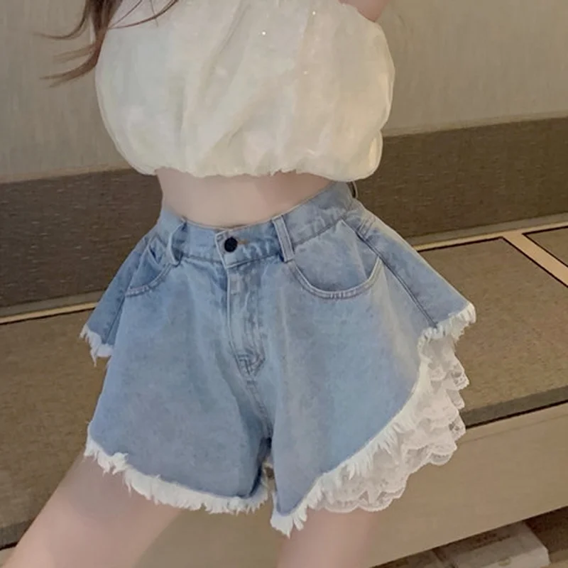 Summer Ladies Harajuku Lolita Style Lace Shorts Fashion Chic High Waist Denim Shorts Women Streetwear Sexy Punk Hip-hop Jeans