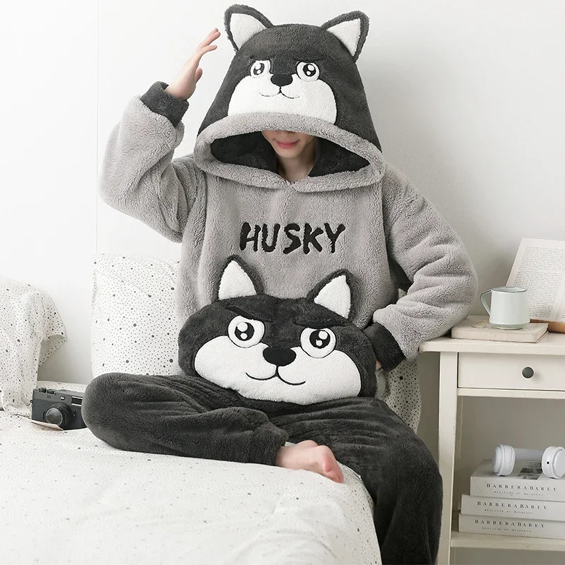 Winter Korean Men Pijamas Sets Thick Male Unisex Sleepwear Lovely Dog Man Loose Pyjama Hooded Soft Warm Pajamas Suit Loungewear