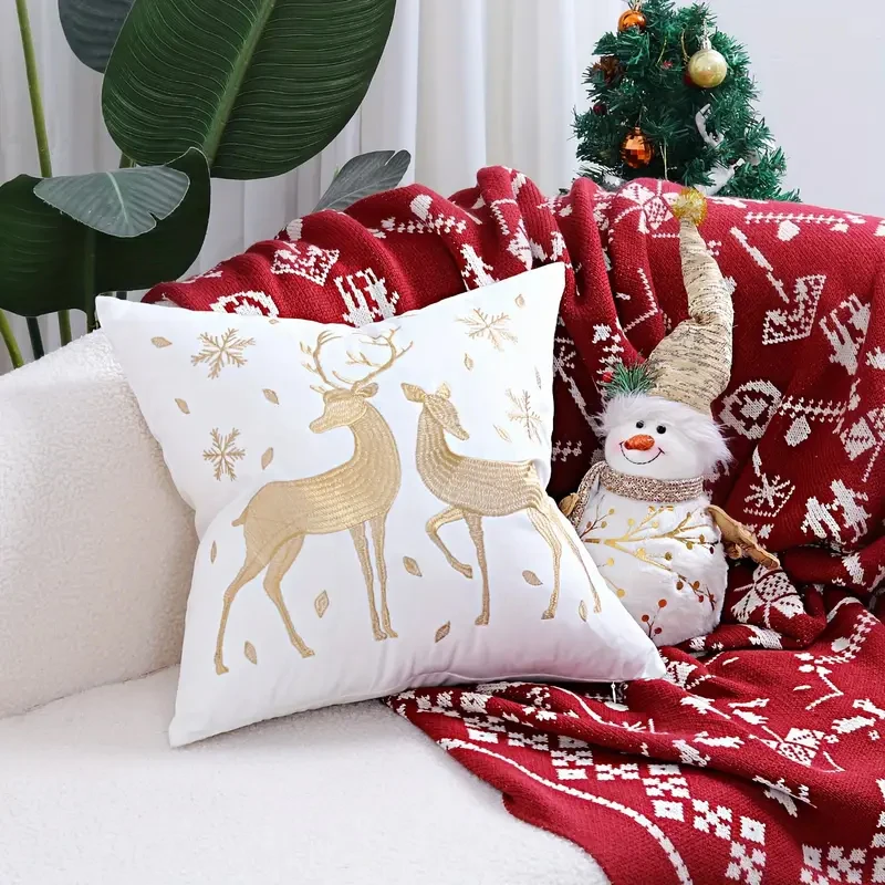 Christmas Reindeer Hot Stamping Pillowcase  Holiday Winter Pillowcase With Gold-Plated Reindeer Sofa Home Decoration