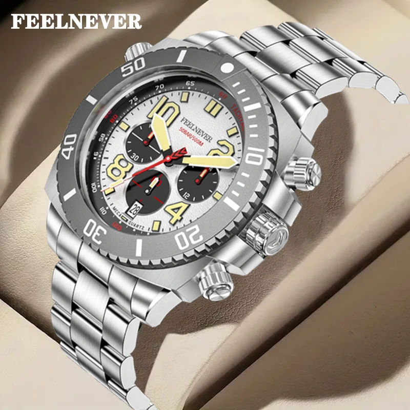 FeelNever Quartz Watches for Men 500M Waterproof Professional Casual Sapphire Man Watch Stainless Steel Band Clocks Reloj Hombre