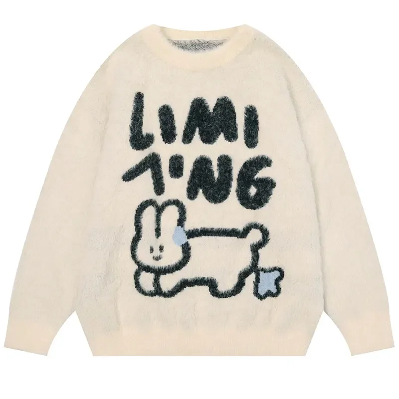 Knitwear Pullover Couple's Letter Animal Embroidery Loose Casual Japanese Retro Cartoon Rabbit Men's and Women's Same Loose 1Pc