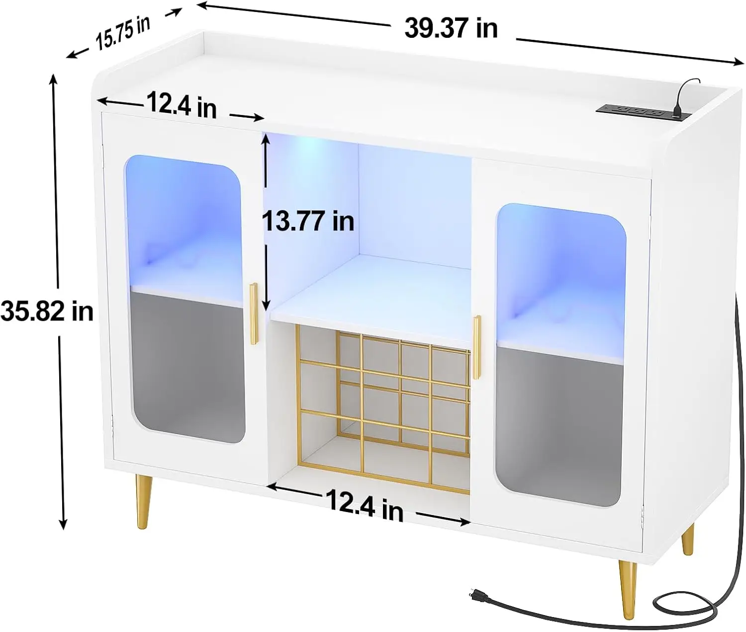 Mobile bar per vini con presa, luce LED e portabicchiere, credenza buffet da cucina bianca
