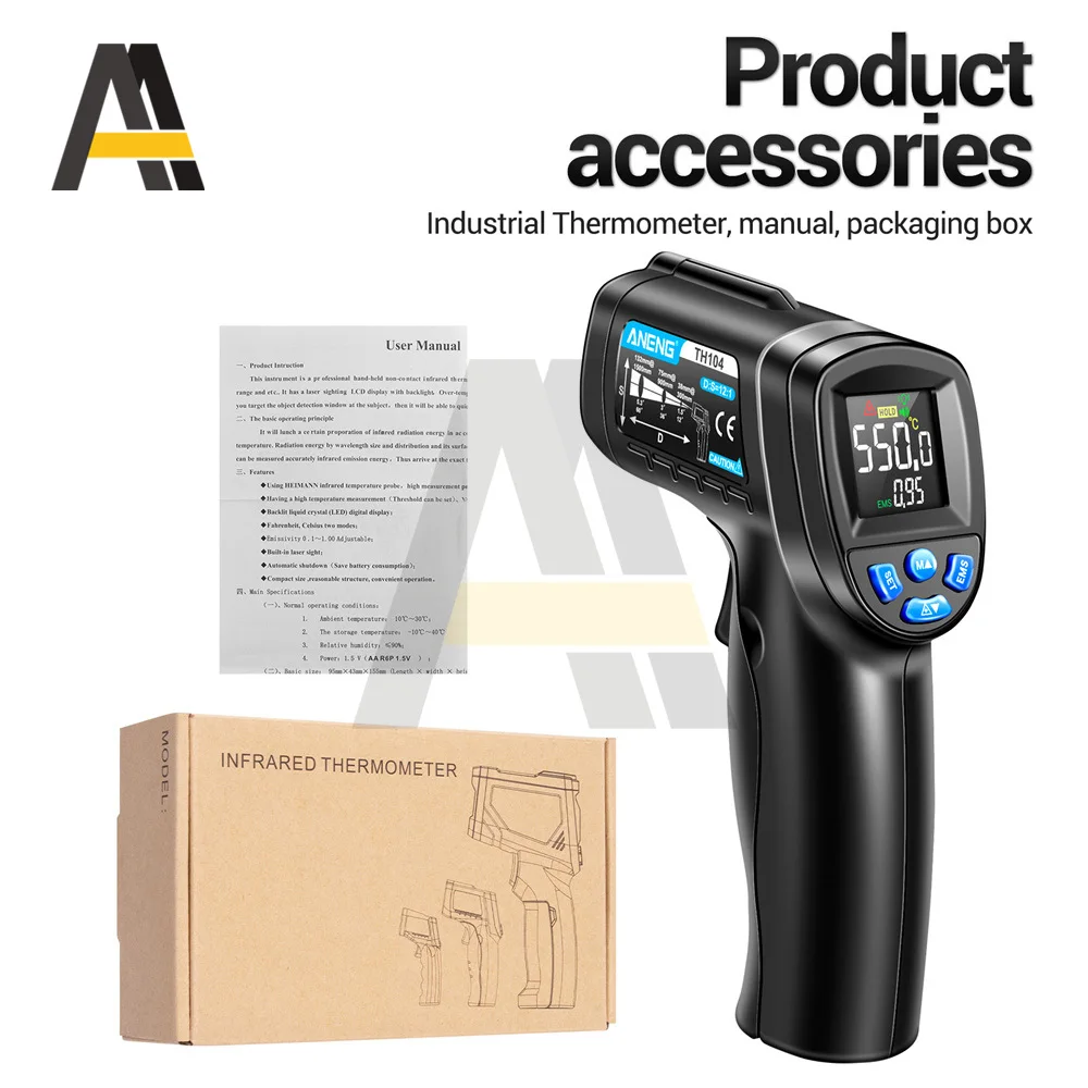 ANENG TH104 مقياس الحرارة بالأشعة تحت الحمراء الرطوبة عدم الاتصال الاستشعار-50 ~ 550 ℃   مسدس درجة الحرارة LCD شاشة عرض بإضاءة خلفية مقياس البيرومتر