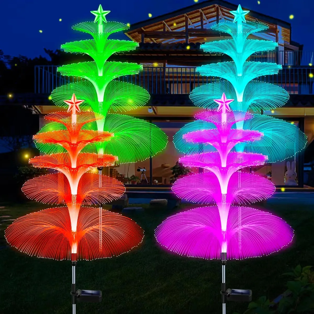 Solar Garden Lights Outdoor Waterproof Jellyfish Light with Star 5 Layer Optical Fiber 7 Color Changing Stake Flower Fairy Light