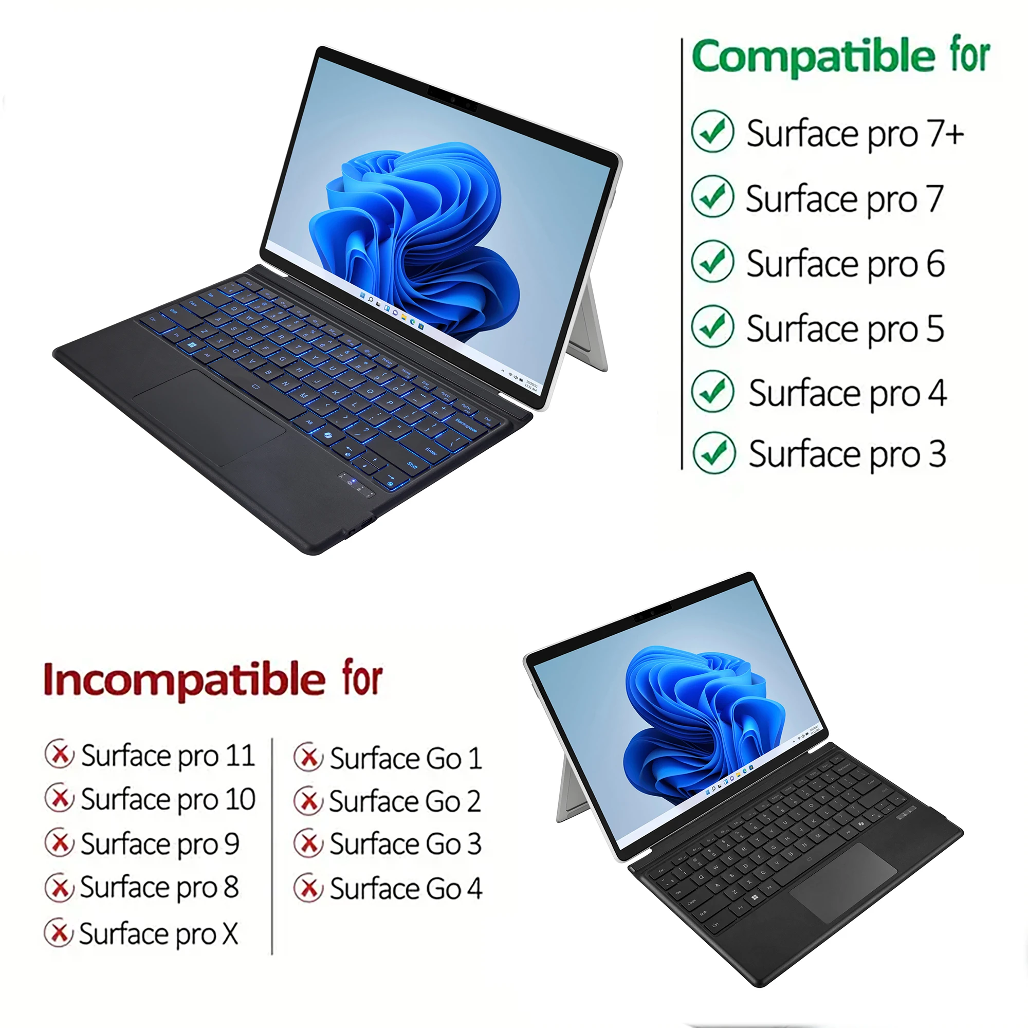 Bluetooth Keyboard with Touchpad for Surface Pro 3/4/5/6/7, Ultra-Slim Magnetic Stand Cover Switch Keys and Rechargeable Battery