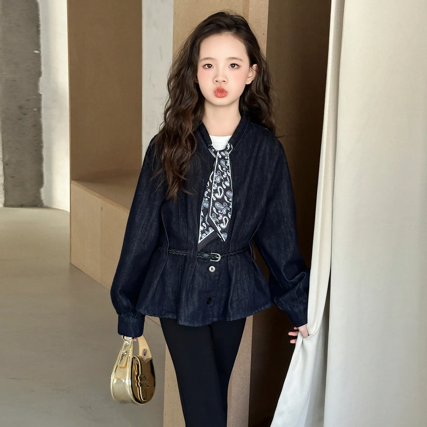 

Autumn junior kid Scarf collar waist-cinching French coat design teenage girls denim jacket child outerwear 4 8 10 12 14 overall