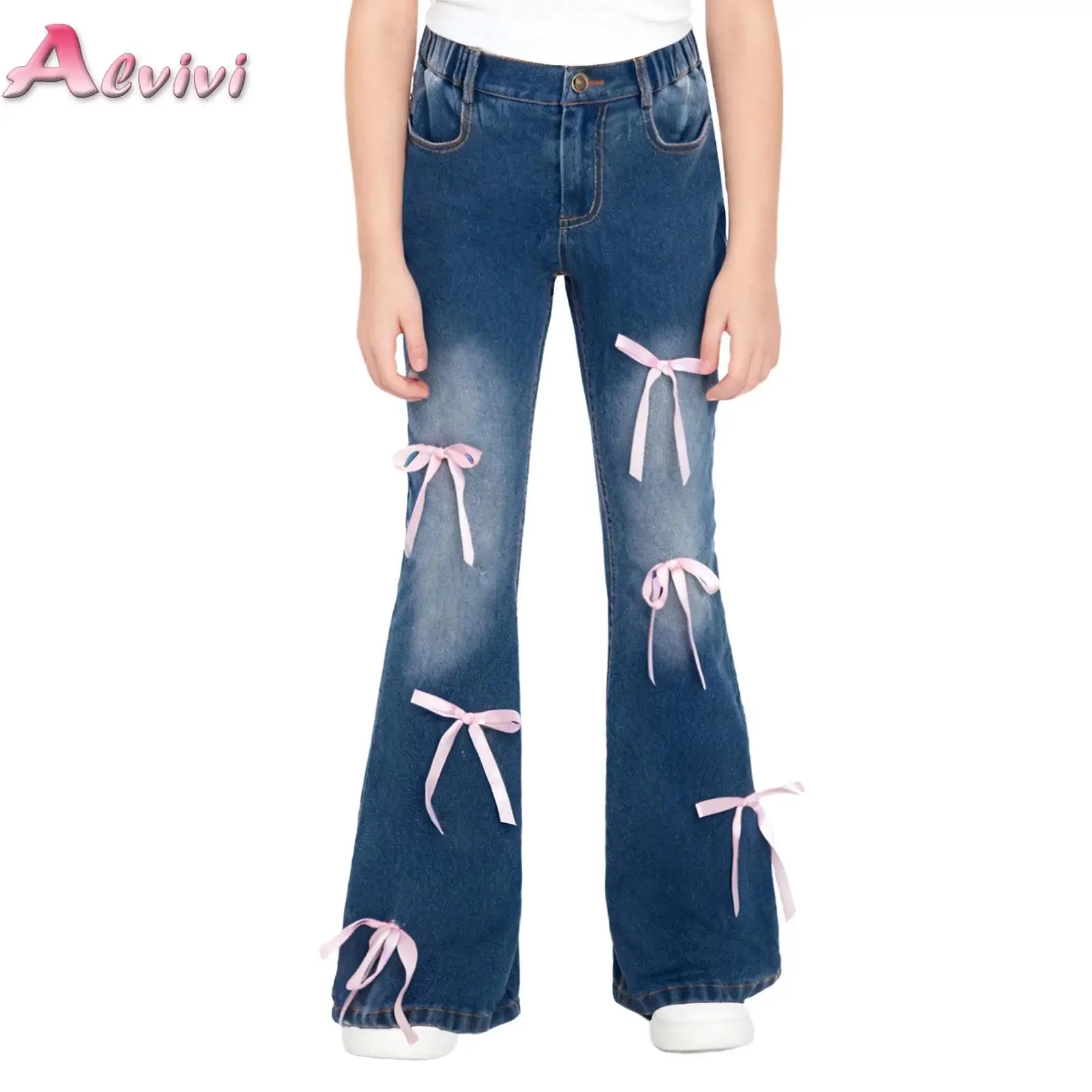 

2026 New Spring Cute Bows Kids Flared Jeans Girls Leisure Denim Blue Children Flared Pants Teenage Girl Clothes Trousers