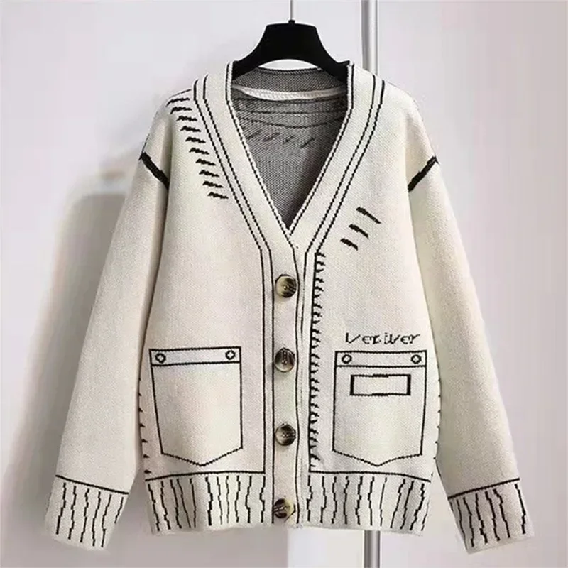 Knitted Cardigan Cartoon Print Sweaters for Women Coat 2024 Spring Autumn Clothes Female Fashion Loose Wild Thicken Kawaii Tops