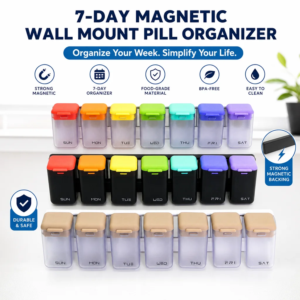 2PCS Weekly Pill Organizer Magnetic,Removable Pill Box 7 Day 1 Time a Day, Large Pill Case, Week Once Daily Medication Dispenser