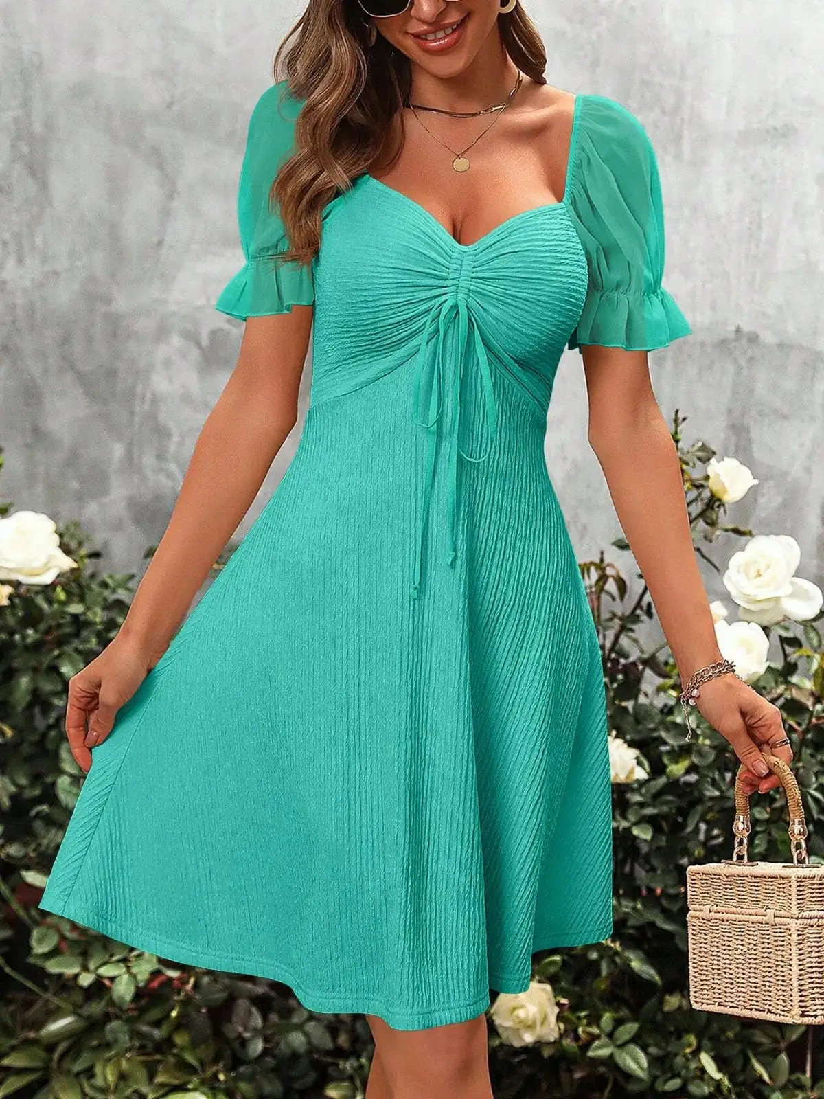 

Women's Summer Puff Sleeve Mini Dress with Sweetheart Neck and Drawstring Detail
