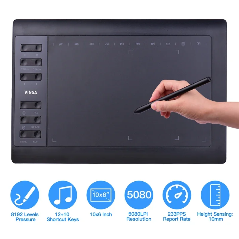 

10x6" Professional Graphics Drawing Tablet 12 Express Keys 8192 Levels Battery-Free Stylus/8pcs Nibs/Pen Clip Support PC/Laptop