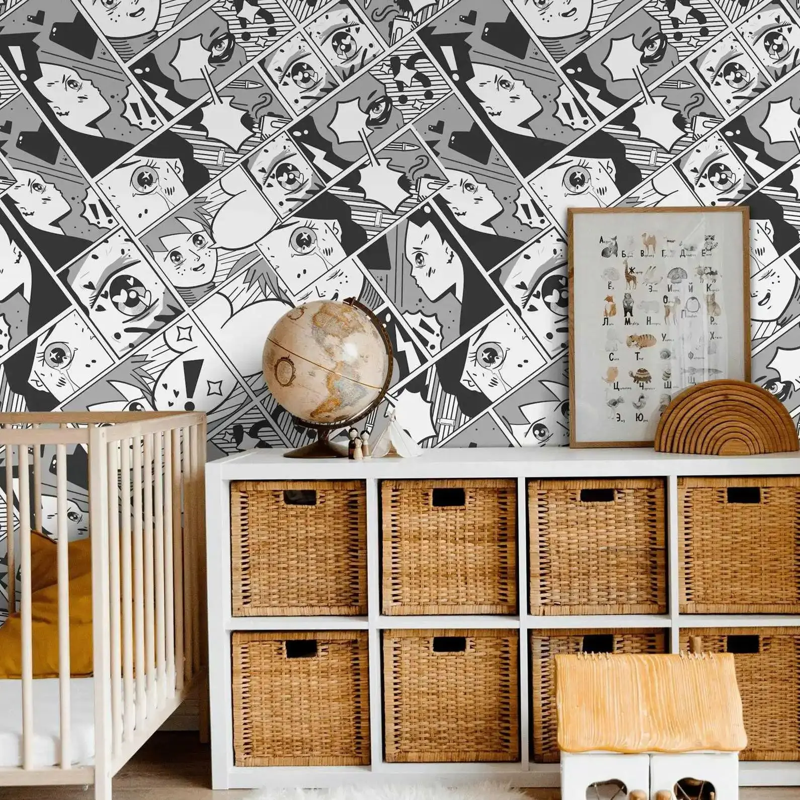 

Anime Cartoon Wallpaper Peel and Stick ,Black and White Pattern Wall Mural For Room Decor,Self-adhesive Or Tradition Un-paste