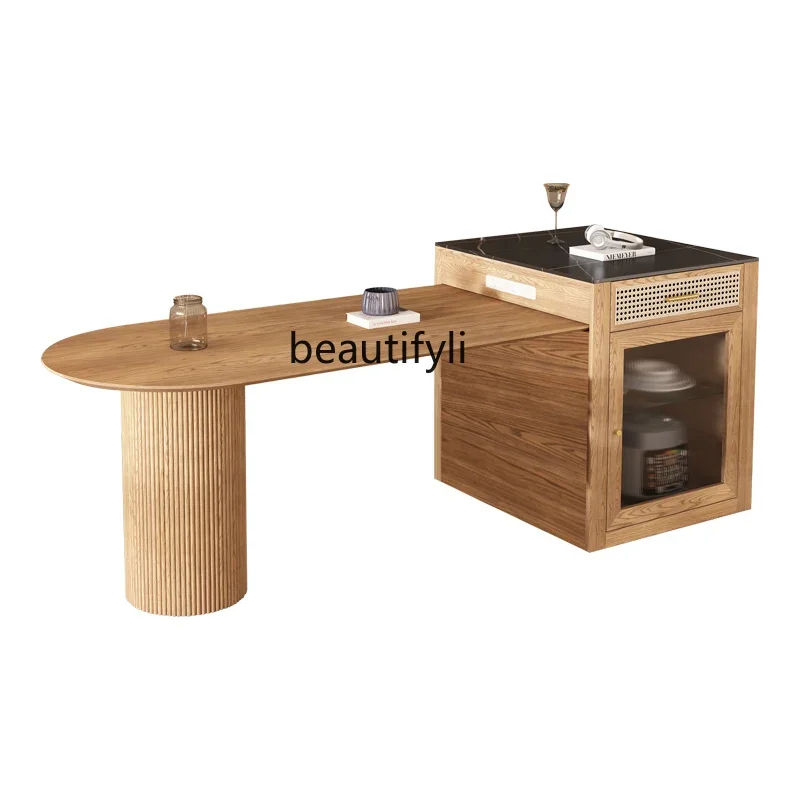 

S Kitchen Island Dining Table Integrated Household Retractable Solid Wood Dining Table B & B Rattan Stone Plate Dining Table