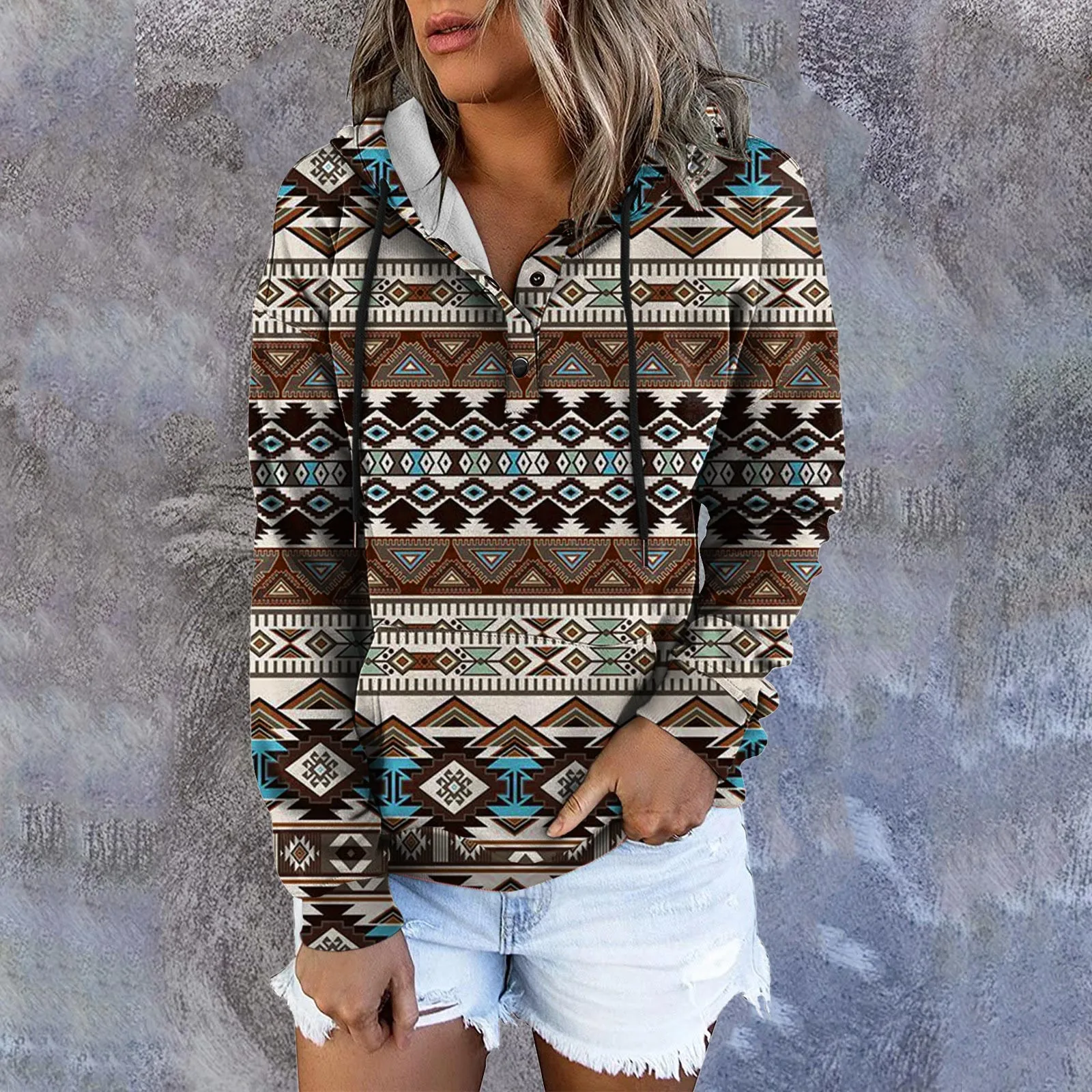 Womens Fashion Sweatshirt Ethnic Print Boho Western Retro Pattern Hoodie Pullover Button Hooded Jacket Woman Winter Clothes