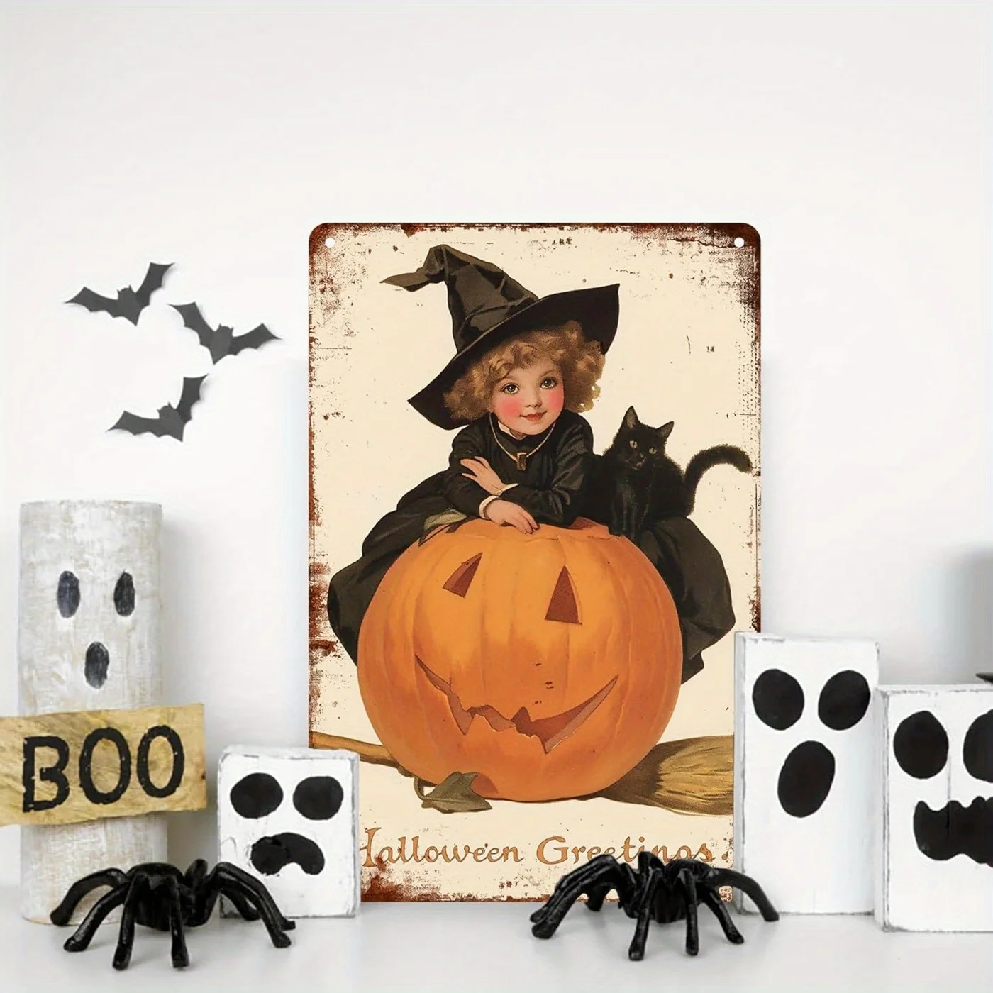 لافتة معدنية كلاسيكية للساحرة والقطط للهالوين، محفورة مسبقًا لسهولة التركيب، مثالية للمنزل والمزرعة