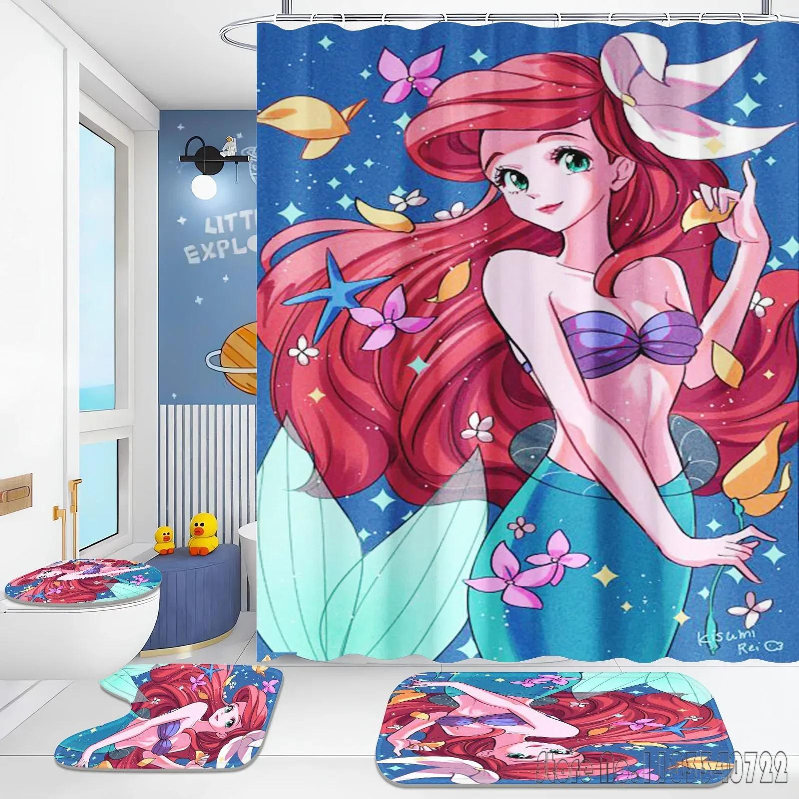 Mermaid Princess Ariel Bathroom Accessories Shower Curtain 4 Piece Set Mats  Anime Waterproof For Curtains Home Cartoon Luxury