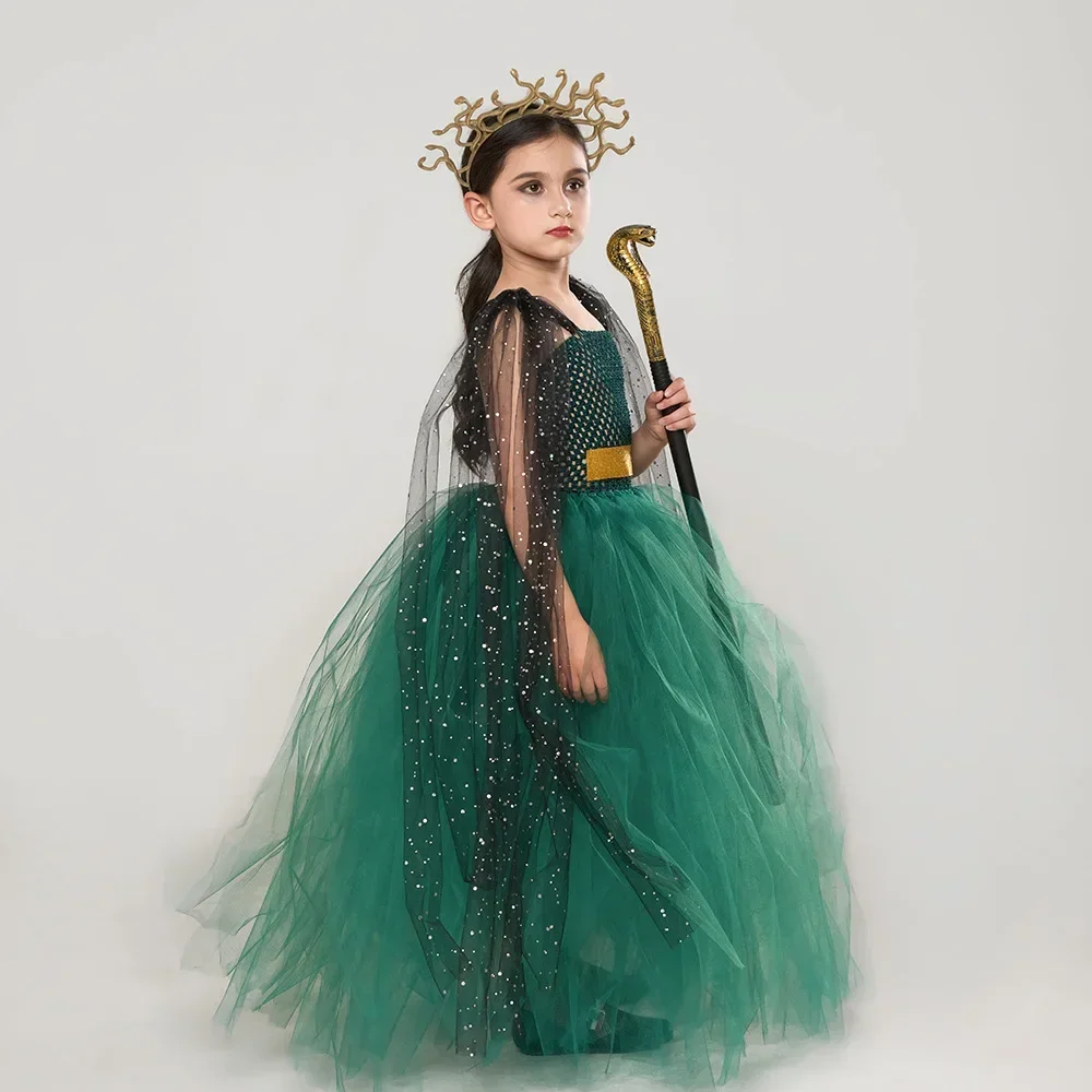 Children Medusa Cosplay Costume Girls Fancy Greek Queen Green Tutu Dress with Headband Cape Set Kids Stage Performance Costumes