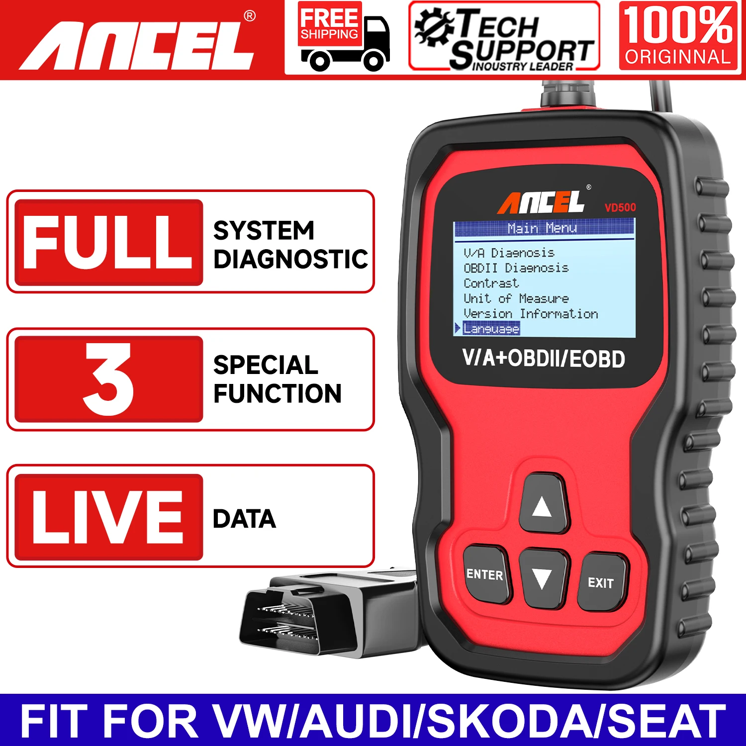 Ancel VD500 OBD2 Automotive Scanner Full System Code Reader Airbag EPB Oil Reset OBD Car Diagnostic Tools For VAG VW Audi Skoda