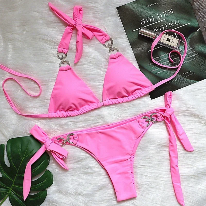 

Pink Sexy Bikinis 2025 Women Solid Color Swimwear Female Swimsuit Swim Beach Wear Bathing Suit Brazilian Bikini Set Pool Bather