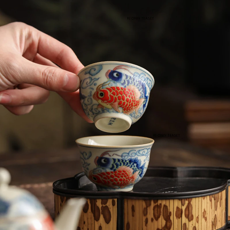 1 Pc Chinese Tradition Ceramic Tea Cup Handmade Blue and Flower Dragon Fish Teacup Porcelain Tea Bowl Travel Master Cup Tea Set