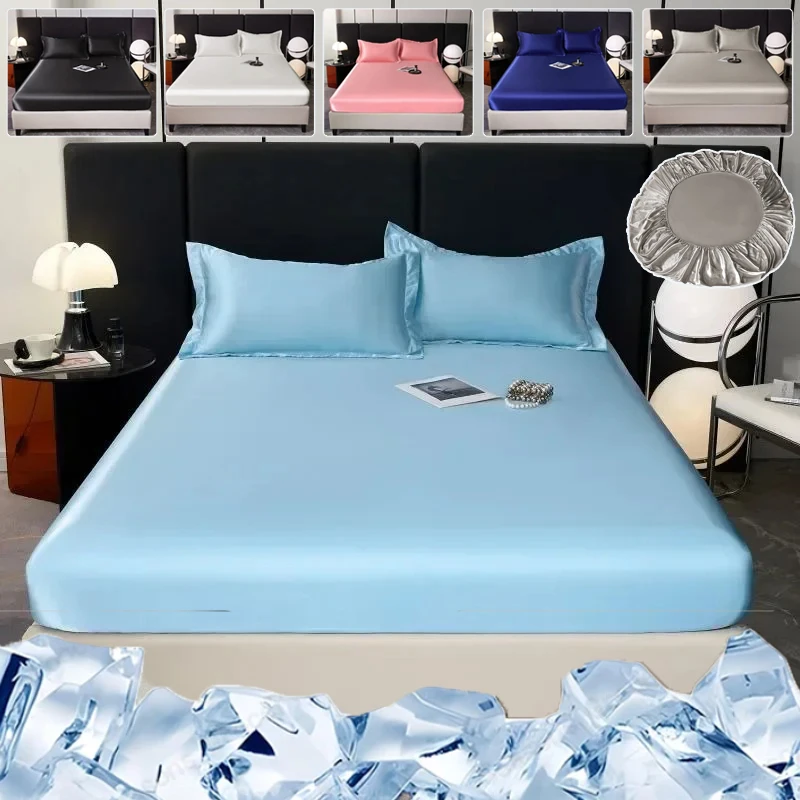 

Luxury Ice Silk Fitted Sheet Solid Color with Elastic Band Anti-slip Adjustable Mattress Cover for Bedroom Bedding Drap De Lit