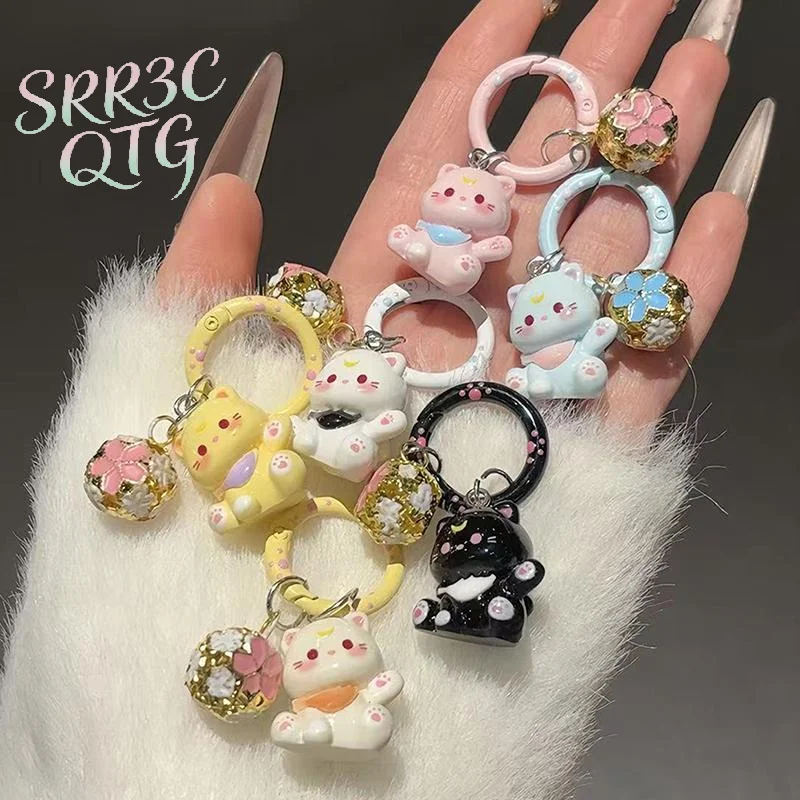 Hot Lovely Cartoon Small Bell Kitten Keychains Resin Keyring Bag Pendant Key Chain 6 Colors To Choose Jewelry Gifts For Women