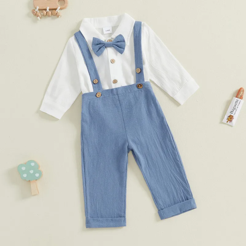 RUEWEY 0 to 18 Months Baby Boys Pant Sets Spring Autumn Clothes Long Sleeve Lapel Button Up Bodysuit Solid Color Suspender Pants