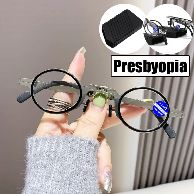 

Metal Folding Reading Glasses Round Square Anti-Blue Light Computer Eyeglasses Portable Presbyopia Eyewear for Men Women Diopter