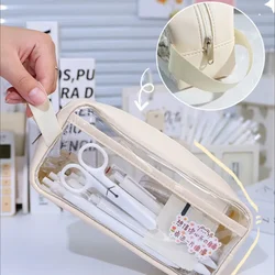 Transparent Visible 3D Triangular Pencil Case Large Capacity Double Layer PVC Splash Prevention Pen Pouch School Exam Pencil Bag