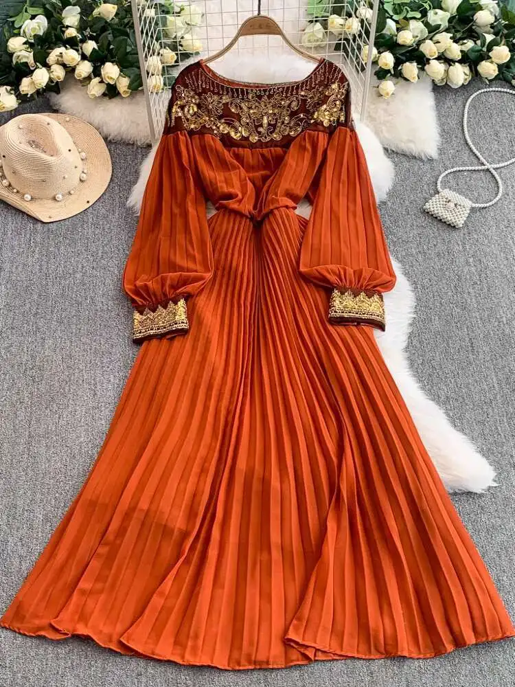 Luxury Crystal Sequins Formal Evening Dress Women Summer Autumn Long Sleeve Pearl Chiffon Dresses Prom Party Maxi Vestidos