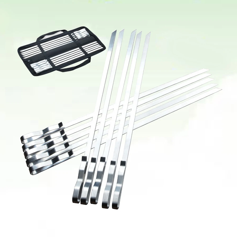 

10 Pcs Stainless Steel Large Flat Skewers Food Grade BBQ Grilling Set Shish Kebab Heavy Duty Wave Handle