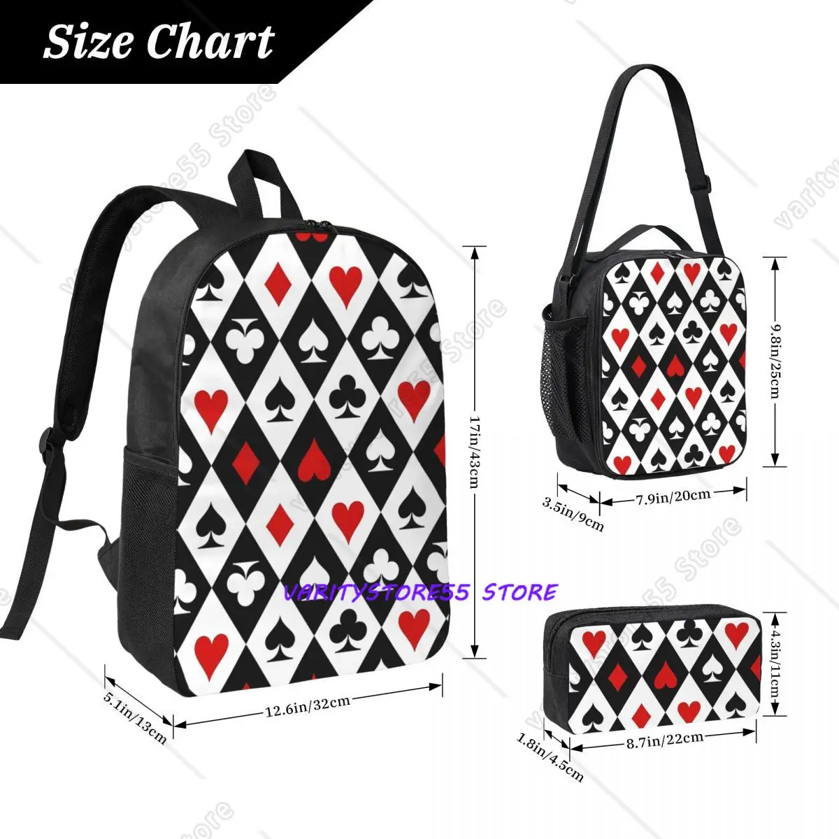 Playing Cards Suit Symbols Backpack Boys Girls BookBag School Bag Laptop Shoulder Bags 3ps Insulated Lunch Bag Pencil Case