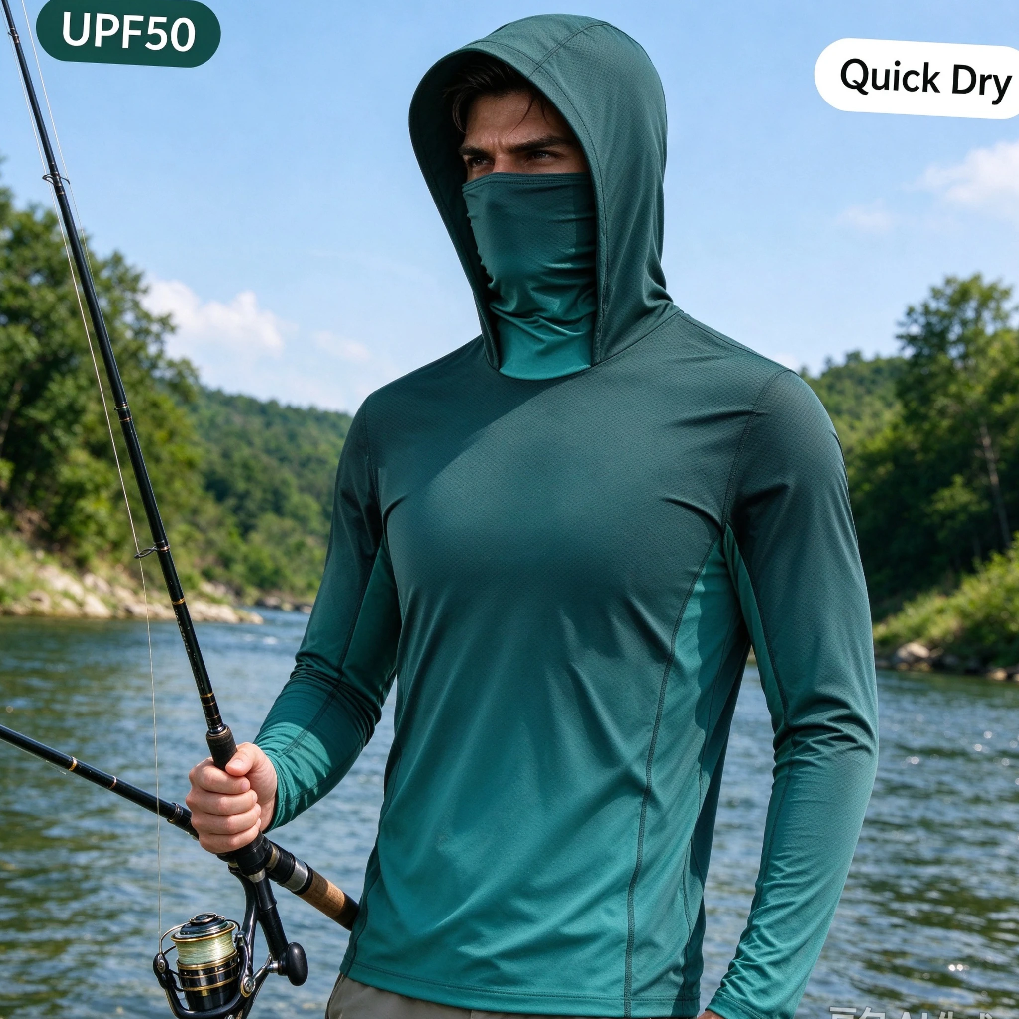Mens UPF50 Sun Hoodie Polyester Hooded Face Mask Long Sleeve Quick Dry Rash Guard Fishing Hiking Comfort Stretchy Outdoor