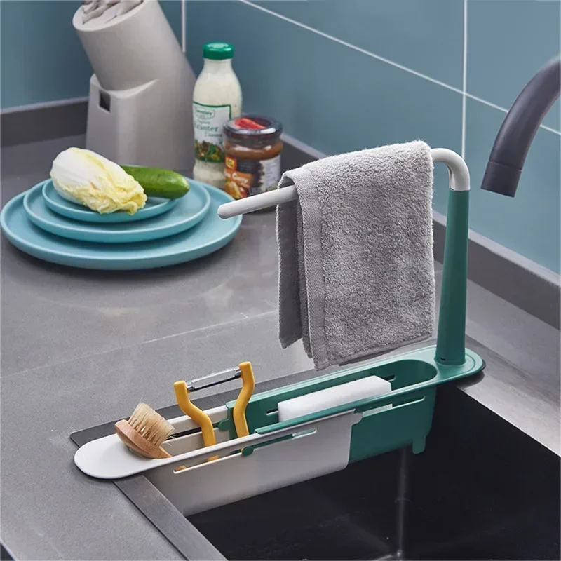 Telescopic Kitchen Sink Shelf Dish Drying Rack Storage Dish Drainer Rack Organizer Sponge Towel Holder Kitchen Organizer Basket