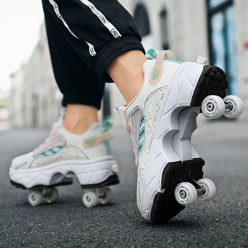 4 Wheels Roller Skates Shoes Deform Quad Skate 2 in 1 Kids Casual Deformation Parkour Runaway Sneakers Unisex Footwear Gift 2023