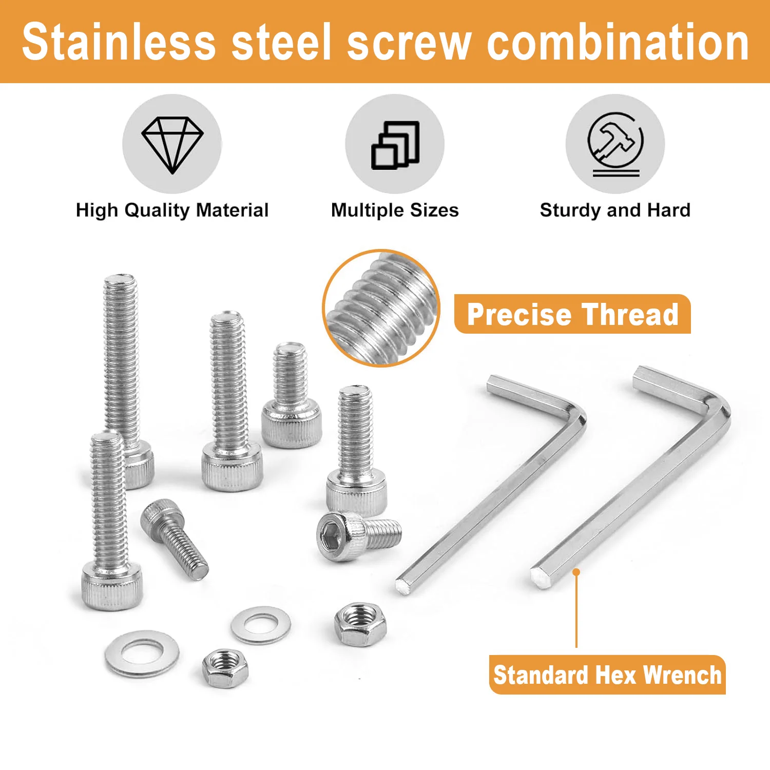 135 Pcs Stainless Steel Cylindrical Head Hex Bolts, standard SAE thread,M5 Metric Hex Head Screws, Nuts and Washers Combo Set
