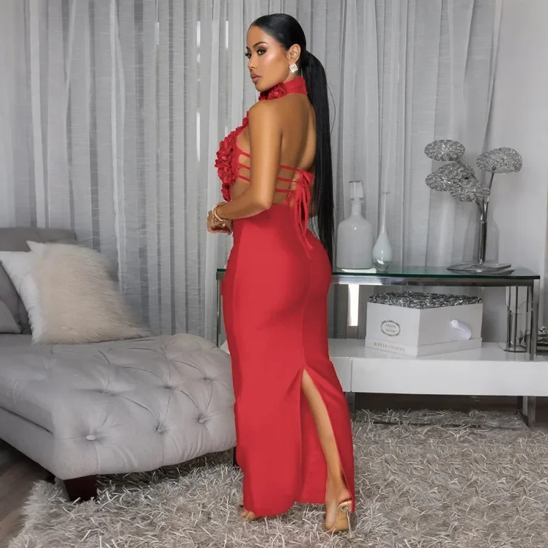 GUWU femmes sans manches élégant col en v découpe 3D fleur longue robe Maxi 2025 été Sexy robes de soirée robes